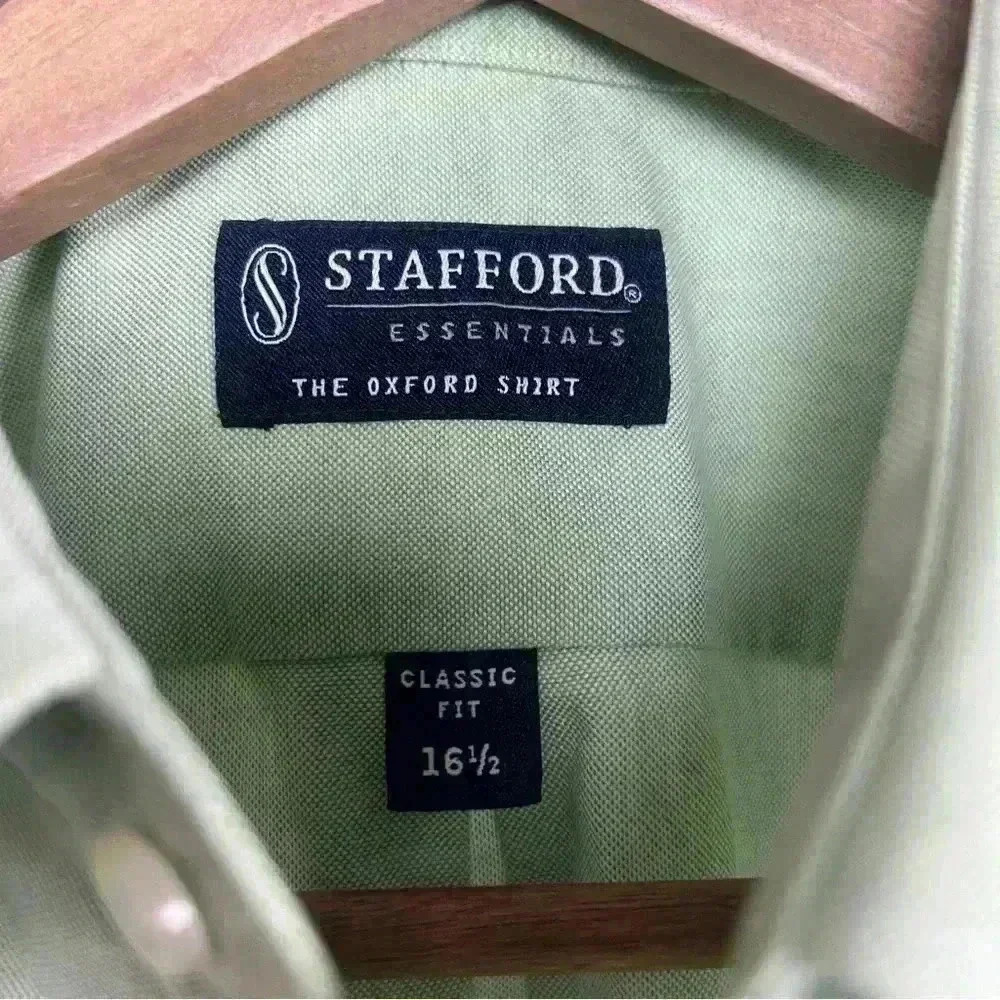 Stafford Essentials Cotton Blend Oxford Green Classic Fit | Size 16 1/2 - Picture 3 of 7